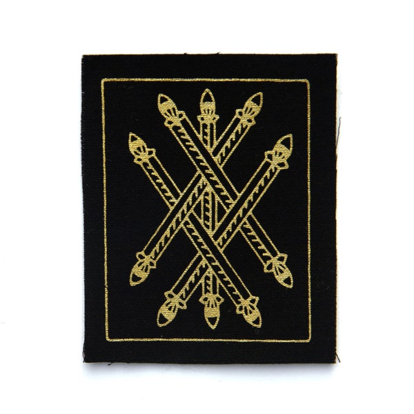 Tarot Card Patch, Five of Wands, Gold on Black, Sew On Fabric Badge, Gothic