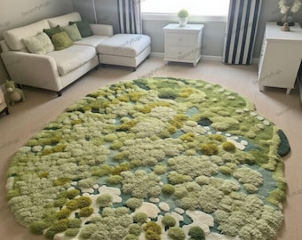 3D Moss Texture Wool Rug | Hand-Tufted Irregular Carpet, Biophilic Decor