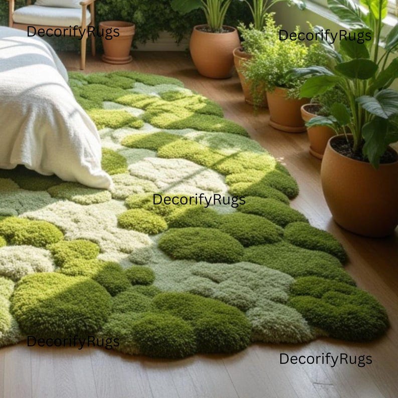 Hand Tufted Wool Rug, Biophilic Moss Garden Design Green Luxuries Rug ...