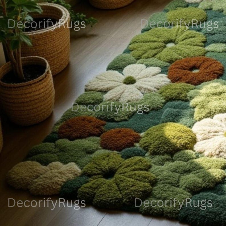 Tuft Rug Background Hand-tufted Wool Flower Rug | Green, White & Rust Floral Carpet ...