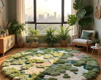 Hand-Tufted Wool 3D Moss Garden Rug | Biophilic Round Area Rug home décor bedroom |