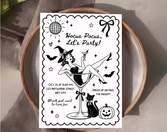 Halloween Party Invitation, Vintage Witch Martini Invite, Retro Black & White Editable Template