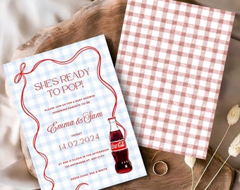She's Ready To Pop – Baby Shower Invitation, Coca-Cola Gingham Theme (Editable Template)