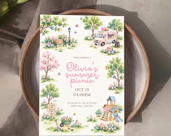 Summer Picnic Birthday Invitation, Ice Cream Truck Party Invite, Garden Picnic Birthday, Outdoor Kids Party