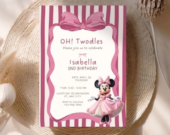 Minnie Mouse Birthday Invitation Girl, Pink Bow 2nd Birthday Invite, Editable Template