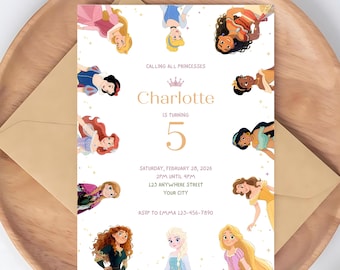 Princess Birthday Invitation Template, Fairytale Party Invite (5in x 7in)