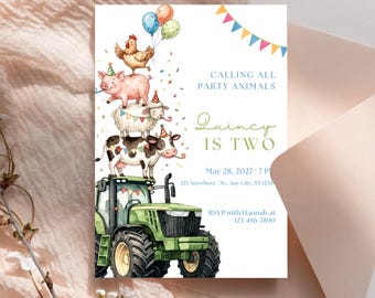 Farm Animal Birthday Invitation, Tractor Barnyard Party Invite, Watercolor (5x7 inches)