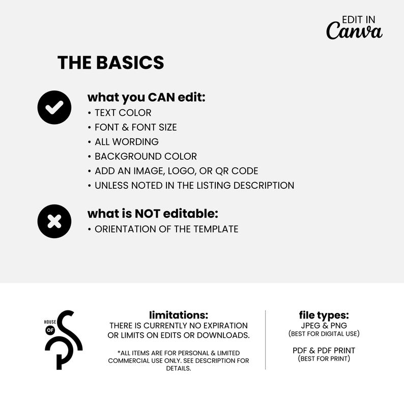 Puede incluir: Un gr&aacute;fico blanco con el texto "THE BASICS" e informaci&oacute;n sobre los elementos editables en una plantilla de Canva, incluyendo el color del texto, la fuente y el color de fondo. Tambi&eacute;n enumera lo que no es editable, como la orientaci&oacute;n de la plantilla.