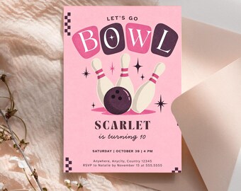 Bowling Birthday Invitation, Pink Bowling Party Invite, Editable Girls Birthday Template