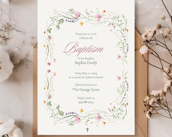 Floral Baptism Invitation Template, Baby Girl Christening Invite, Elegant Pastel Wildflower Design