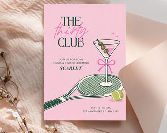 Tennis Birthday Invitation, Thirty Club 30th Birthday Invitation, Tennis & Tinis Party Invite, Pink Tennis Martini Birthday