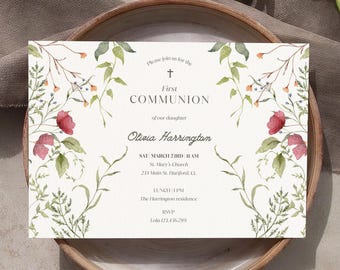 First Communion Invitation Template, Floral Communion Invite, Editable Girl Baptism