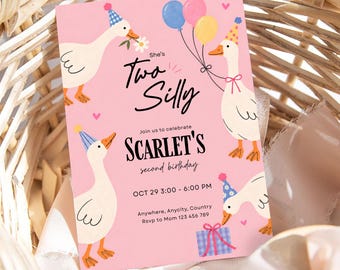 Two Silly Goose 2nd Birthday Invitation, Pink Girl Party, Editable Template (Digital Download)