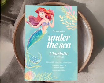 Little Mermaid Birthday Invitation Template, Mermaid Invite Printable Ocean Card Digital Download