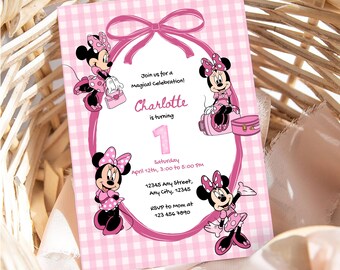 Minnie Mouse 1st Birthday Invitation, Pink Bow Template (Digital Download)