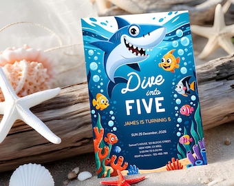 Shark Birthday Invitation, Dive Into Five, Under the Sea Party Template