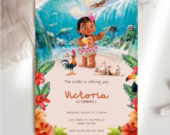Moana Birthday Invitation, Ocean Theme Girl 1st Birthday Invite, Tropical Luau Party