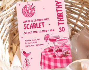 30th Birthday Invitation, Pink Disco Cocktail Invite, Cherry Martini Birthday, Gingham Dinner Party Invitation, Editable Template