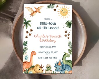 Dino-Four Birthday Invitation, Watercolor Dinosaur 4th Birthday Invite (Digital Download)