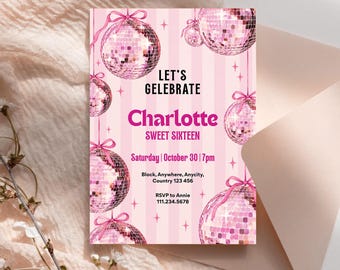Pink Disco Ball Sweet 16 Invitation Template, Editable Sweet Sixteen Birthday Invite, Disco Party Invitation