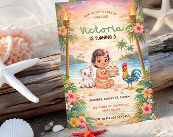 Moana Birthday Invitation Template | Tropical Luau Birthday Invite | Editable Hawaiian Beach Party Invitation