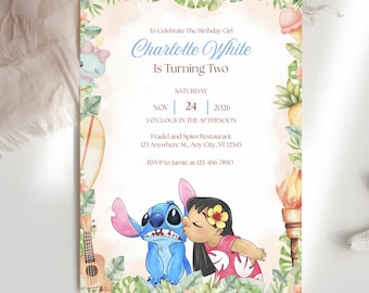 Lilo & Stitch Tropical Birthday Invitation Template, Hawaiian Luau Party Invite