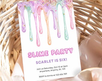 Slime Party Birthday Invitation, Girls Slime Birthday Invite, Colorful Glitter Slime Party, Editable Kids Birthday Template