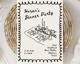 Birthday Dinner Invitation Template, Hand Drawn Table Illustration, Printable