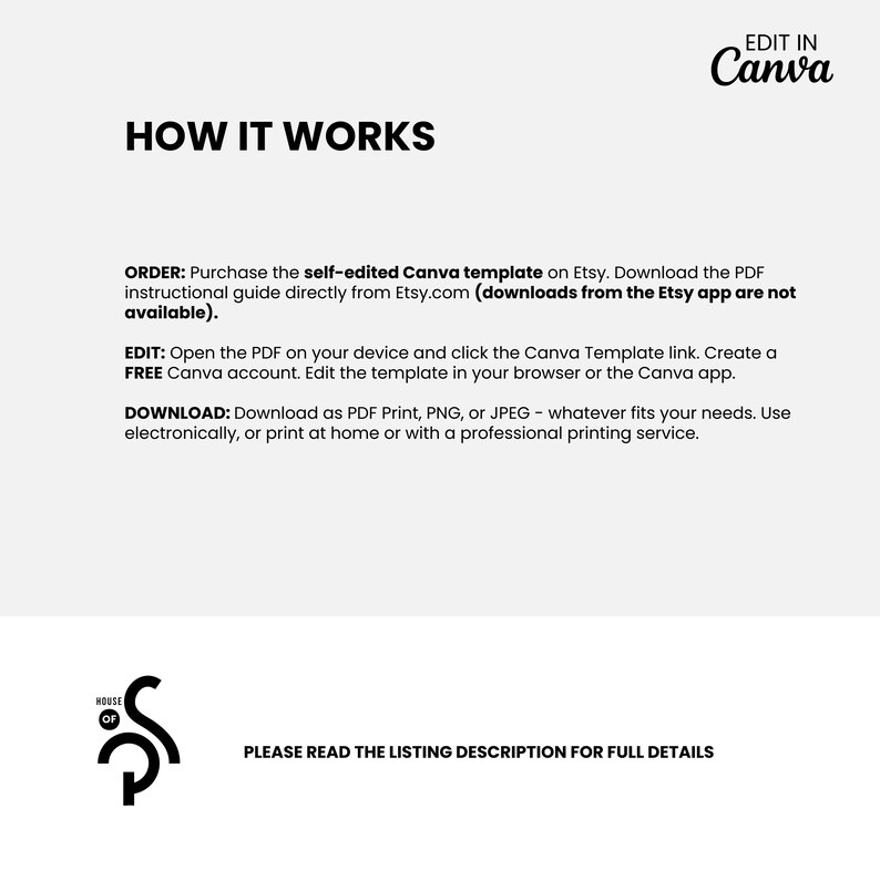 Puede incluir: Gr&aacute;fico blanco con texto negro que explica c&oacute;mo usar una plantilla de Canva comprada en Etsy. El texto "HOW IT WORKS" est&aacute; en la parte superior. El logotipo de Canva est&aacute; en la esquina superior derecha. El logotipo de House of SP est&aacute; en la esquina inferior izquierda.