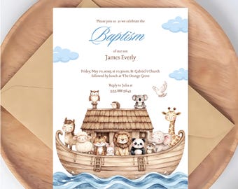Noah\'s Ark Baptism Invitation, Watercolor Animals, Baby Boy Christening Template (Digital Download)