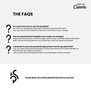 Puede incluir: Gr&aacute;fico gris claro con el texto "THE FAQS" en negrita negra. La imagen incluye tres signos de interrogaci&oacute;n y respuestas sobre el uso de plantillas de Canva, la descarga y la impresi&oacute;n. El logotipo de Canva est&aacute; en la esquina superior derecha.