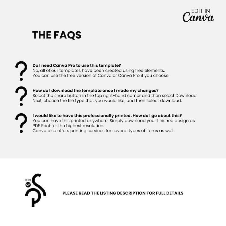 Puede incluir: Gr&aacute;fico gris claro con el texto "THE FAQS" en negrita negra. La imagen incluye tres signos de interrogaci&oacute;n y respuestas sobre el uso de plantillas de Canva, la descarga y la impresi&oacute;n. El logotipo de Canva est&aacute; en la esquina superior derecha.
