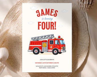 Fire Truck Birthday Invitation, Firefighter 4th Birthday Invite, Editable Canva Template