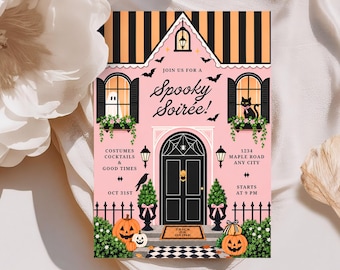 Pink Halloween Invitation, Spooky Soiree Party Invite, Haunted House Halloween Template