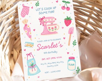 Baking Birthday Invitation, Kids Cooking Party Invite, Little Baker Birthday, Pink Kitchen Mixer Invite