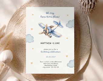 Vintage Airplane First Birthday Invitation Template (Digital Download)