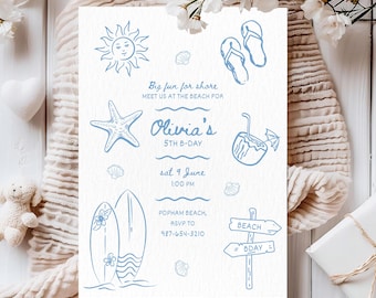 Plantilla de invitación de cumpleaños playera, fiesta de verano infantil, invitación imprimible editable para fiesta en la piscina, invitación con temática oceánica
