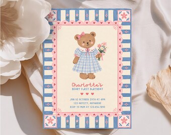 Teddy Bear First Birthday Invitation, Beary First Birthday Invite, Pink Blue Girl Birthday Template, Vintage Bear Editable Invitation