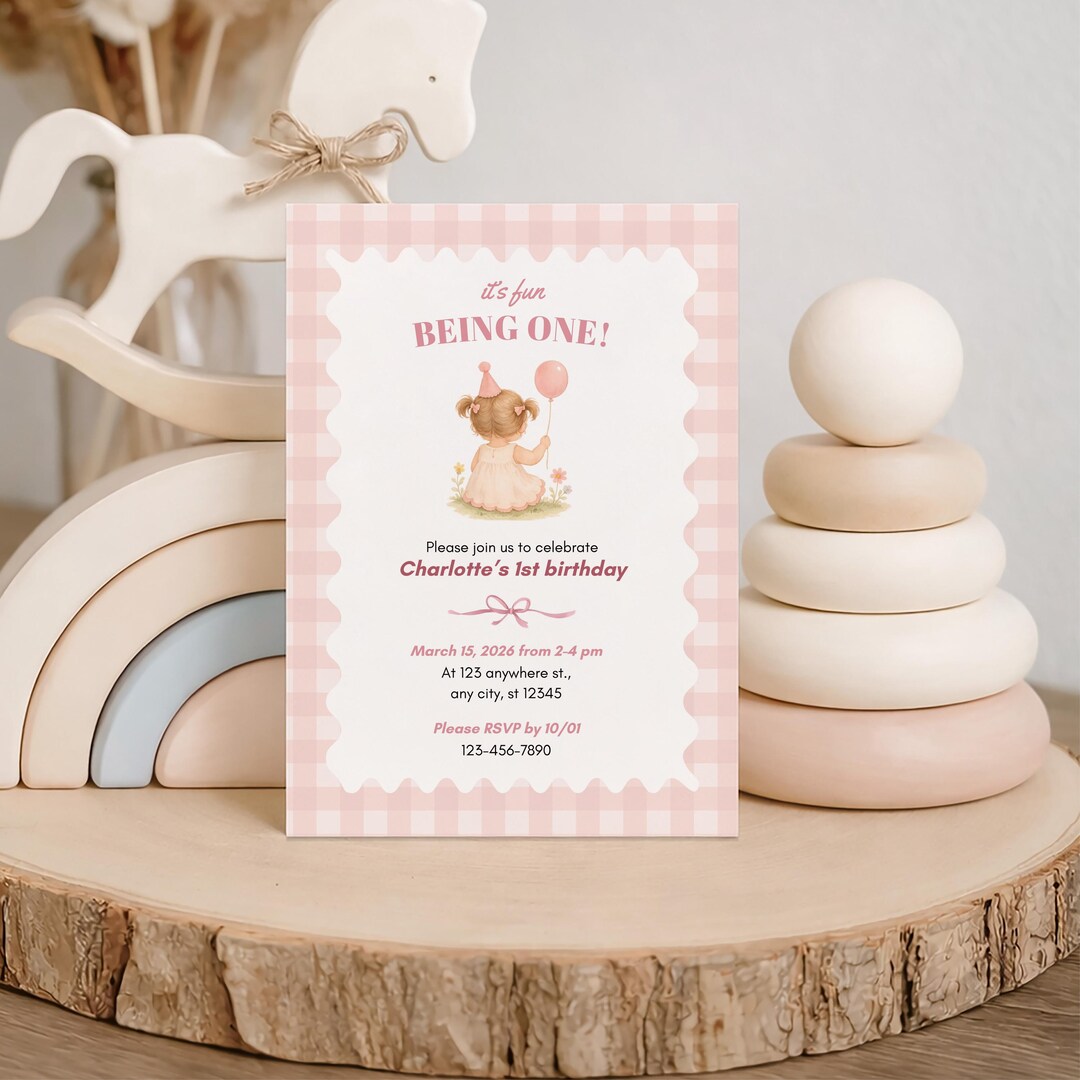 Gingham First Birthday Invitation Template, Pink Girl & Blue Boy Party ...