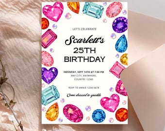 Gemstone Jewel Birthday Party Invitation, Colorful Bedazzled Rhinestones, Sparkle Party Invite