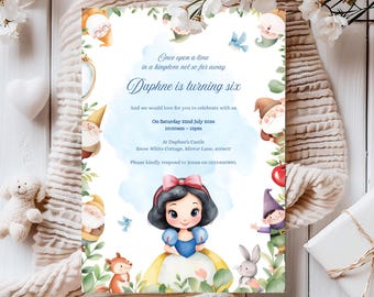 Invitación de cumpleaños de Blancanieves, invitación para fiesta de princesa de cuento de hadas (descarga digital)