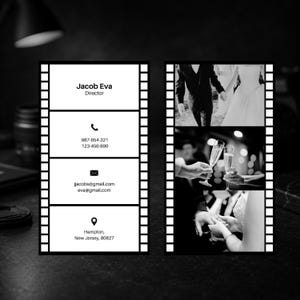 May include: A black and white business card designed like a film strip. The left side lists Jacob Eva, Director, with phone numbers 987-654-321 and 123-456-890, emails jjacobs@gmail.com and eva@gmail.com, and the location Hampton, New Jersey, 80827.