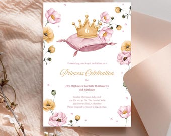 Fairytale Princess Birthday Invitation Template, Pink Floral Birthday Party Invite