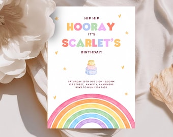 Rainbow Birthday Invitation, Colorful Kids Birthday Party Invite, Editable Canva Template