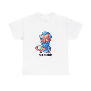 Mas primeiro, camiseta de filosofia - presente engraçado de Platão para estudantes de filosofia, professores e fãs de história da Grécia Antiga