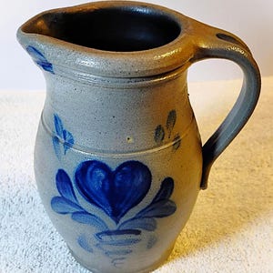 Vintage 7" Handmade Rowe Pottery Works Salt Glaze Blue Heart Pitcher