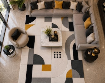 Tappeto moderno geometrico trapuntato fatto a mano, lussuoso tappeto astratto, tappeto in lana nero, bianco e senape, arredamento contemporaneo per soggiorno.