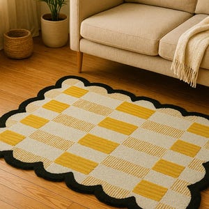 Handmade Plaid Rug | Checkered Wool Rug with Scalloped Edges | Custom Sizes | Living Room & Bedroom Decor by ADABALIRUGS