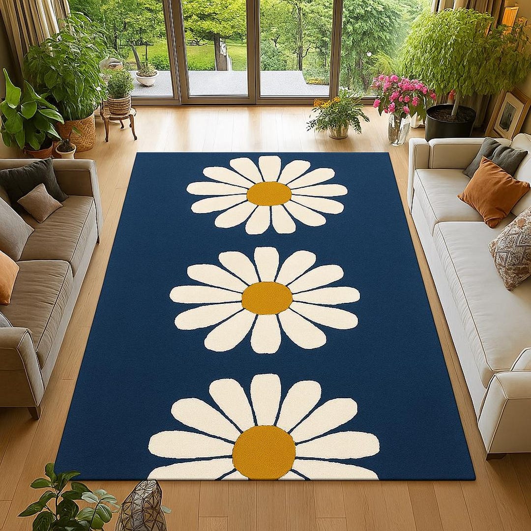 Small Daisy Rug Handmade Wool Daisy Rug – Navy Blue Floral Carpet, Custom Size - Etsy