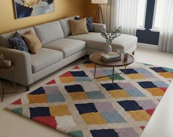 Colorful Geometric Rug, Handmade Tufted Wool Rug, Modern Abstract Area Rug, Multicolor Living Room Carpet, Contemporary Home Decor